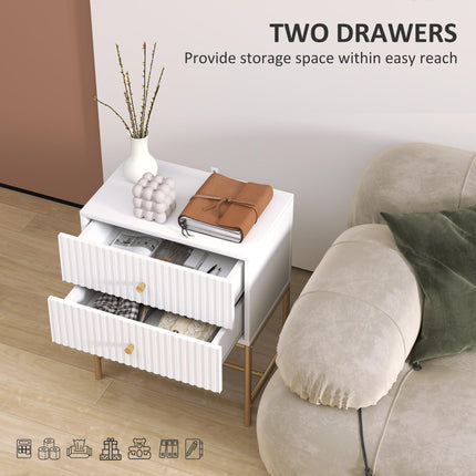Elegant Two-Drawer Bedside Table with Gold Handles - White