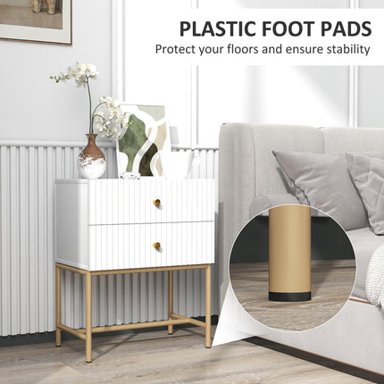 Elegant Two-Drawer Bedside Table with Gold Handles - White