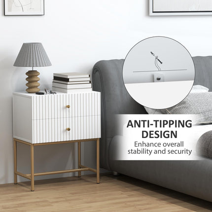 Elegant Two-Drawer Bedside Table with Gold Handles - White