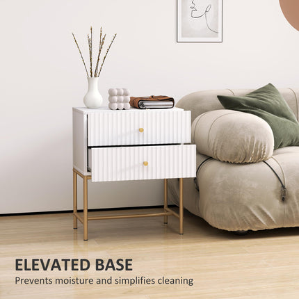 Elegant Two-Drawer Bedside Table with Gold Handles - White