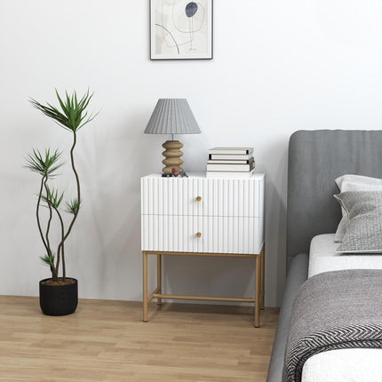 Elegant Two-Drawer Bedside Table with Gold Handles - White