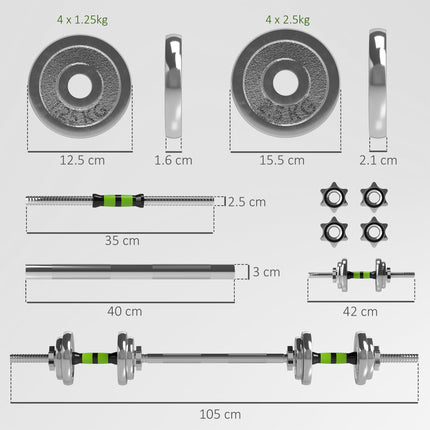 20kg Adjustable Dumbbells and Barbell Set with Non-Slip Handle for Strength Training - Green