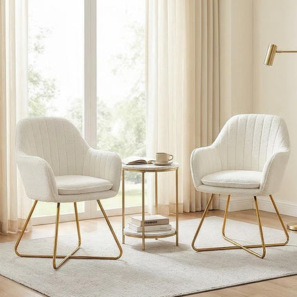 Set of Two Sherpa Fleece Dining Chairs with Metal Base - Cream