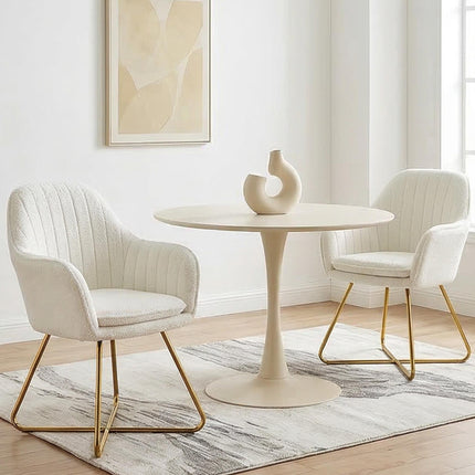 Set of Two Sherpa Fleece Dining Chairs with Metal Base - Cream