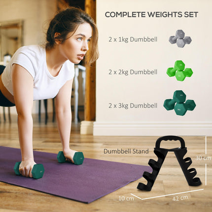 Set of 6 Hexagonal Dumbbells 1kg-3kg with Storage Rack - Grey Green Turquoise