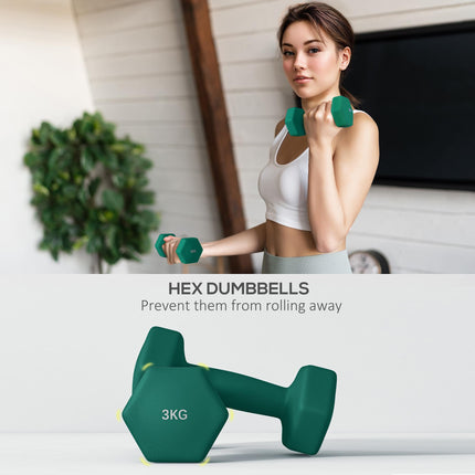 Set of 6 Hexagonal Dumbbells 1kg-3kg with Storage Rack - Grey Green Turquoise