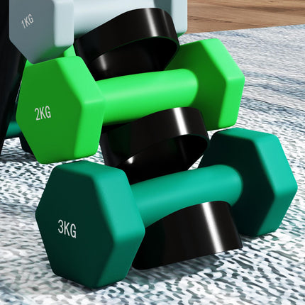 Set of 6 Hexagonal Dumbbells 1kg-3kg with Storage Rack - Grey Green Turquoise