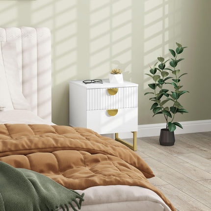 Elegant Two-Drawer Bedside Table with Gold Handles - White