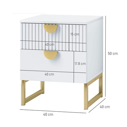 Elegant Two-Drawer Bedside Table with Gold Handles - White