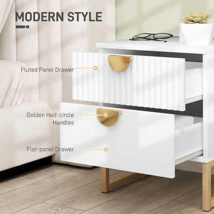 Elegant Two-Drawer Bedside Table with Gold Handles - White