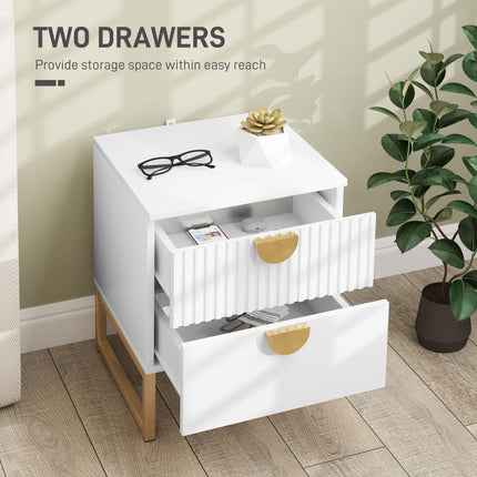Elegant Two-Drawer Bedside Table with Gold Handles - White