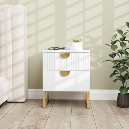 Elegant Two-Drawer Bedside Table with Gold Handles - White