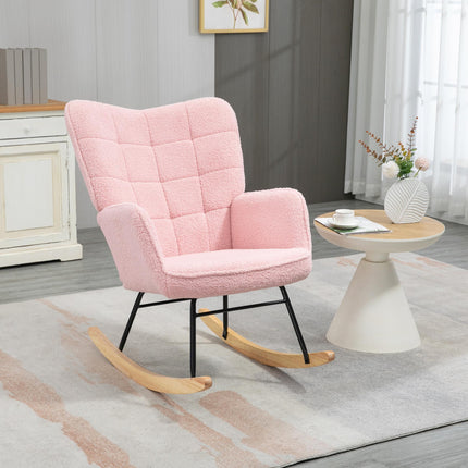 Soft Fleecey Rocking Wingback Chair with Curved Wooden Base - Pink
