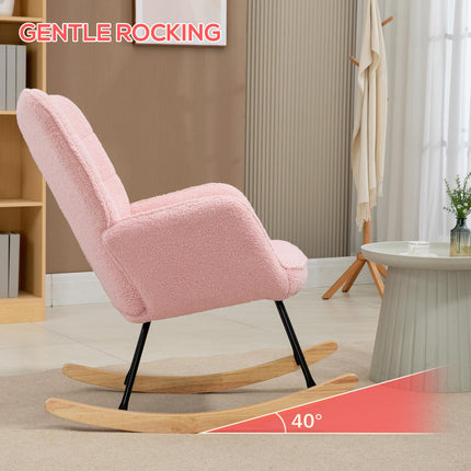 Soft Fleecey Rocking Wingback Chair with Curved Wooden Base - Pink