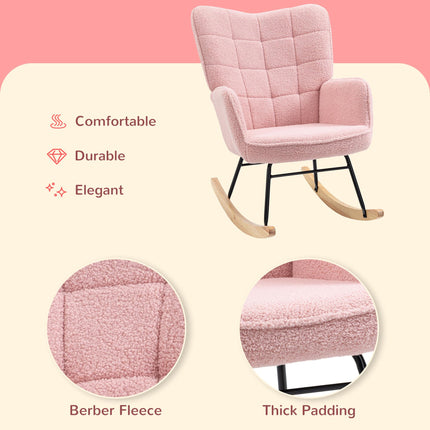 Soft Fleecey Rocking Wingback Chair with Curved Wooden Base - Pink