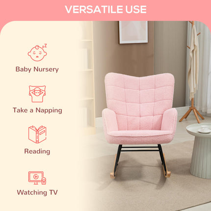 Soft Fleecey Rocking Wingback Chair with Curved Wooden Base - Pink