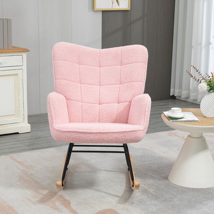 Soft Fleecey Rocking Wingback Chair with Curved Wooden Base - Pink