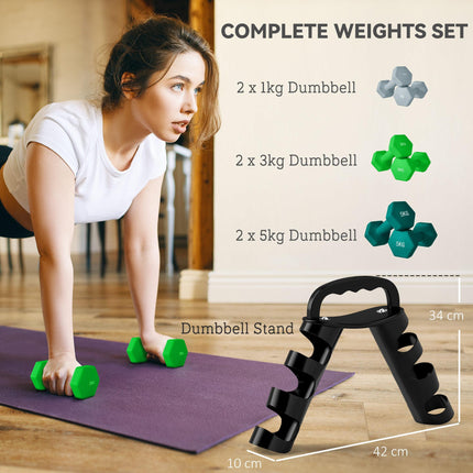 Set of 6 Hex Dumbbells with Storage Rack - Grey Green Turquoise
