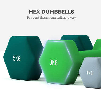 Set of 6 Hex Dumbbells with Storage Rack - Grey Green Turquoise
