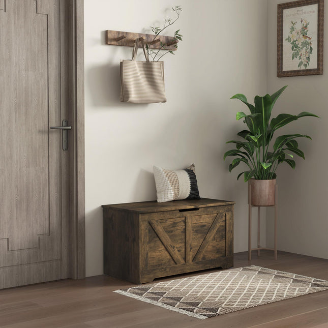 HOMCOM 100L Home Storage Box, with Safety Hinges - Rustic Brown