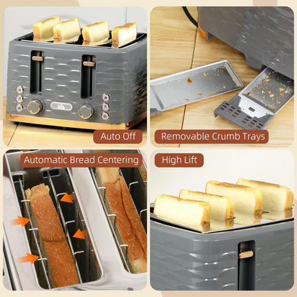 Four-Slice Rippled Toaster with 7 Settings and Safety Features - Grey