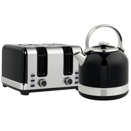 Polished Metal Kettle and Four-Slice Toaster Set - Black