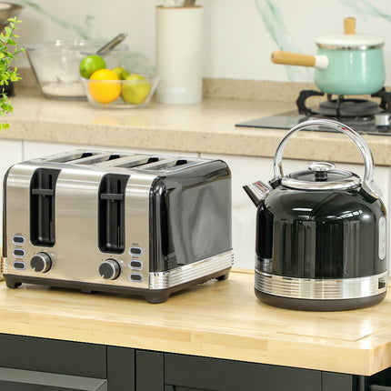 Polished Metal Kettle and Four-Slice Toaster Set - Black