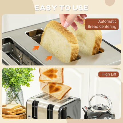 Polished Metal Kettle and Four-Slice Toaster Set - Black