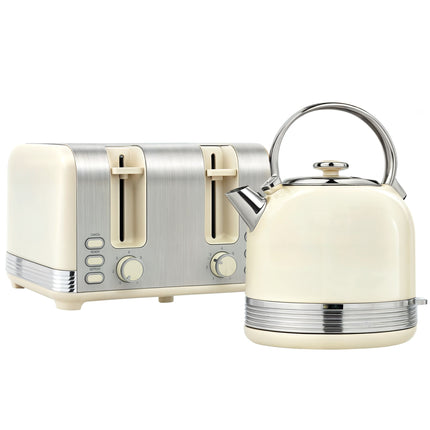 Polished Metal Kettle and 4-Slice Toaster Set - Cream