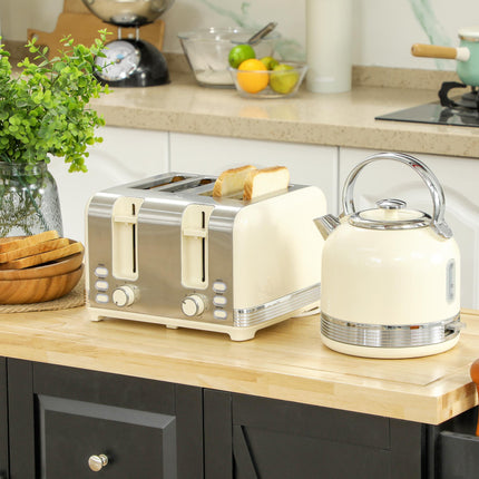 Polished Metal Kettle and 4-Slice Toaster Set - Cream