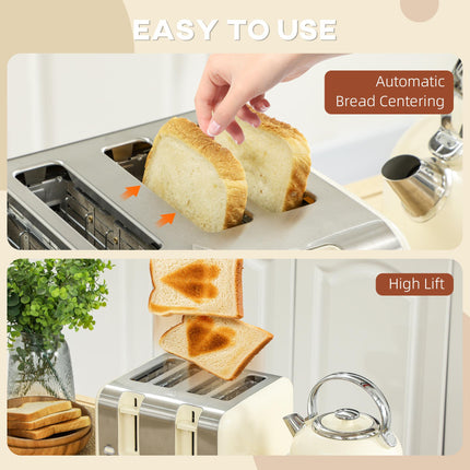 Polished Metal Kettle and 4-Slice Toaster Set - Cream