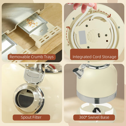 Polished Metal Kettle and 4-Slice Toaster Set - Cream