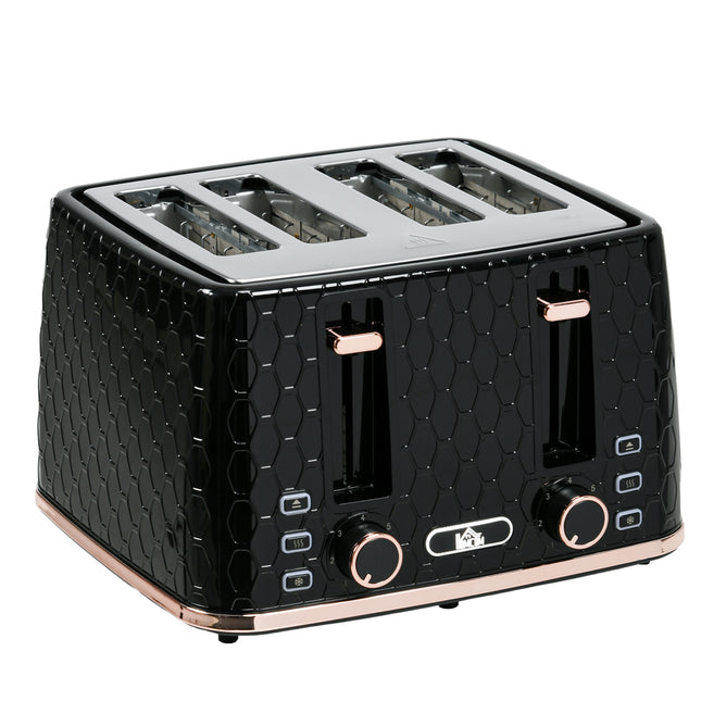 4 Slice Toaster with 7 Browning Levels, High Lift & Reheat/Defrost - Black Honeycomb Texture