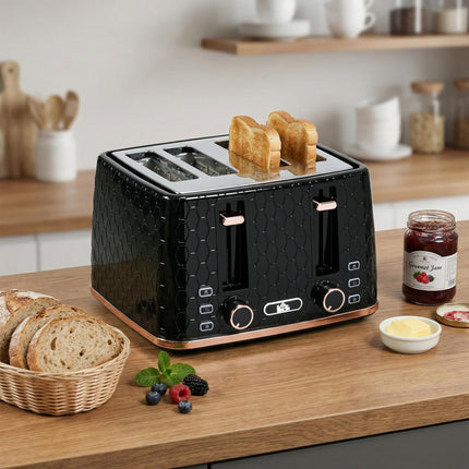 4 Slice Toaster with 7 Browning Levels, High Lift & Reheat/Defrost - Black Honeycomb Texture