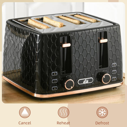 4 Slice Toaster with 7 Browning Levels, High Lift & Reheat/Defrost - Black Honeycomb Texture
