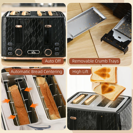 4 Slice Toaster with 7 Browning Levels, High Lift & Reheat/Defrost - Black Honeycomb Texture