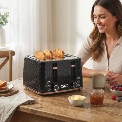 4 Slice Toaster with 7 Browning Levels, High Lift & Reheat/Defrost - Black Honeycomb Texture