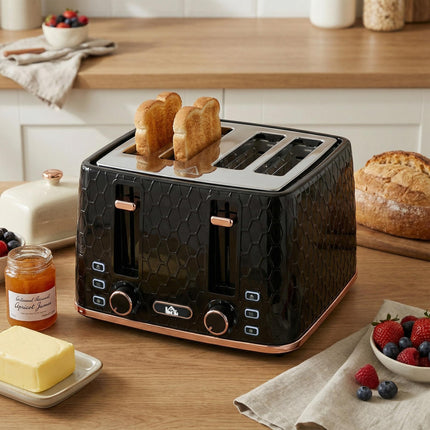 4 Slice Toaster with 7 Browning Levels, High Lift & Reheat/Defrost - Black Honeycomb Texture