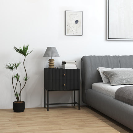 Elegant Two-Drawer Bedside Table with Gold Handles - Black