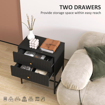 Elegant Two-Drawer Bedside Table with Gold Handles - Black