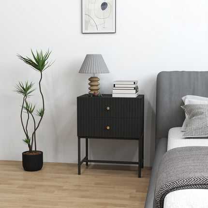 Elegant Two-Drawer Bedside Table with Gold Handles - Black