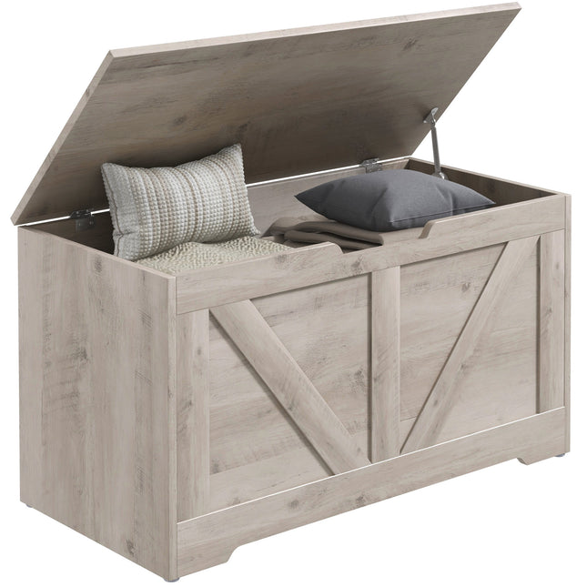 100L Home Storage Box with Safety Hinges - Grey Wood-Effect