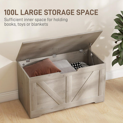 100L Home Storage Box with Safety Hinges - Grey Wood-Effect