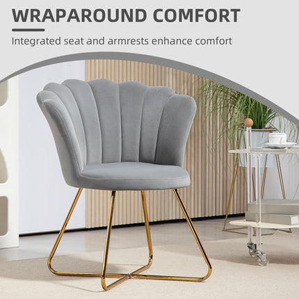 Velvet-Feel Lotus Petal Accent Chair with Steel Legs - Grey