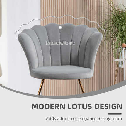Velvet-Feel Lotus Petal Accent Chair with Steel Legs - Grey