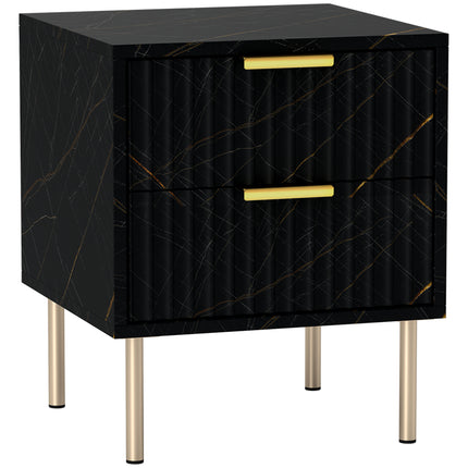 Elegant Two-Drawer Bedside Table with Marble Pattern and Gold Accents - Black