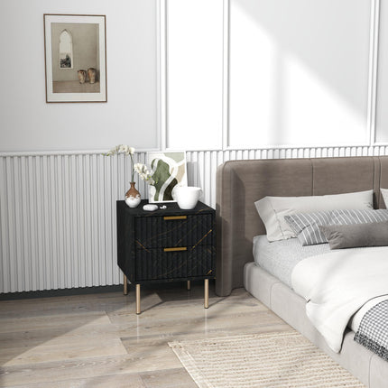 Elegant Two-Drawer Bedside Table with Marble Pattern and Gold Accents - Black