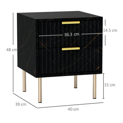 Elegant Two-Drawer Bedside Table with Marble Pattern and Gold Accents - Black