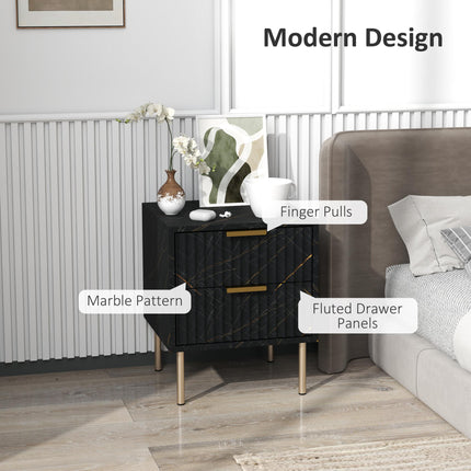 Elegant Two-Drawer Bedside Table with Marble Pattern and Gold Accents - Black