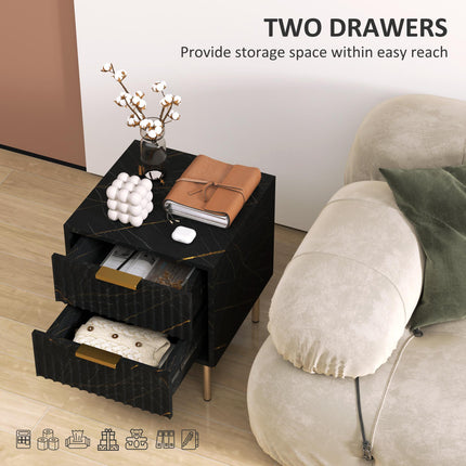 Elegant Two-Drawer Bedside Table with Marble Pattern and Gold Accents - Black